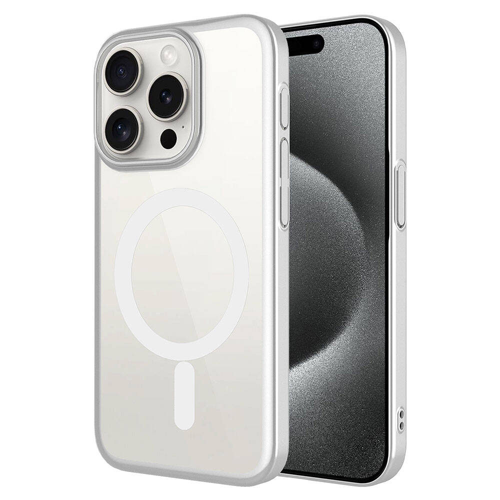 iPhone Uyumlu 15 Pro Max Kılıf Wireless Şarj Özellikli Sert PC Zore Mat Riksos M-safe Kapak-Gümüş