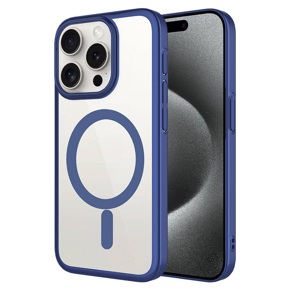 iPhone Uyumlu 15 Pro Max Kılıf Wireless Şarj Özellikli Sert PC Zore Mat Riksos M-safe Kapak-Lacivert