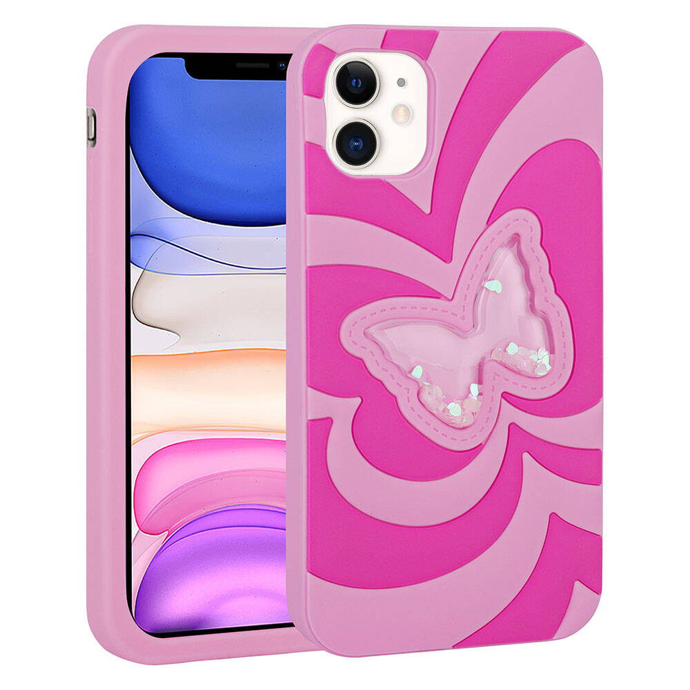 iPhone Uyumlu 11 Kılıf Sıvılı Simli Kelebekli Tasarım Zore Vodena Kapak-Pembe koyu