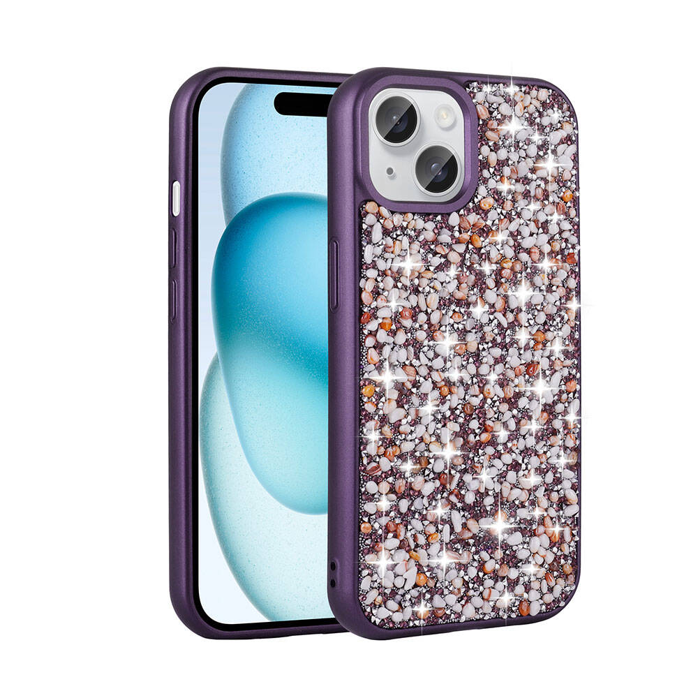 iPhone Uyumlu 15 Kılıf Parlak Taşlı Tasarım Zore Linea Diamond Kapak-Derin mor