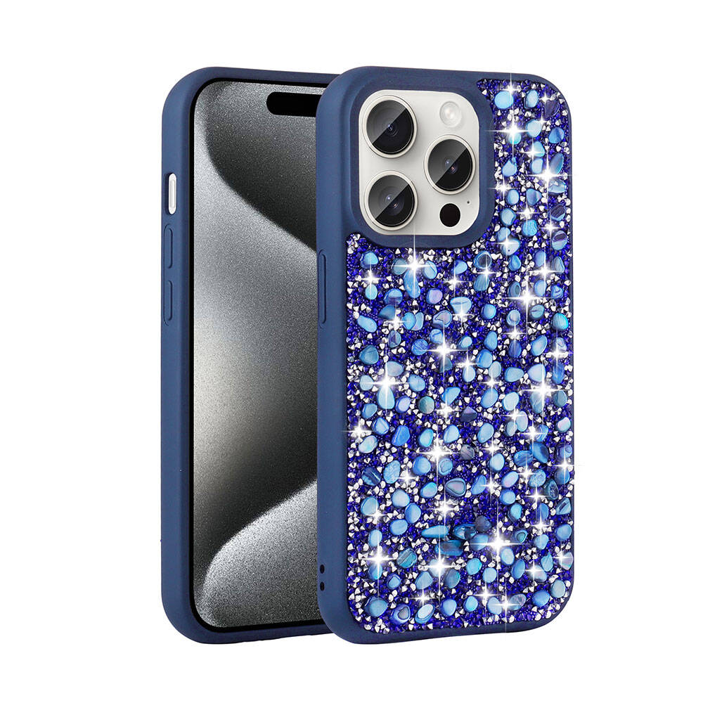 iPhone Uyumlu 15 Pro Kılıf Parlak Taşlı Tasarım Zore Linea Diamond Kapak-Lacivert