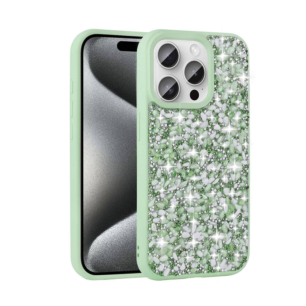 iPhone Uyumlu 15 Pro Max Kılıf Parlak Taşlı Tasarım Zore Linea Diamond Kapak-Açık yeşil