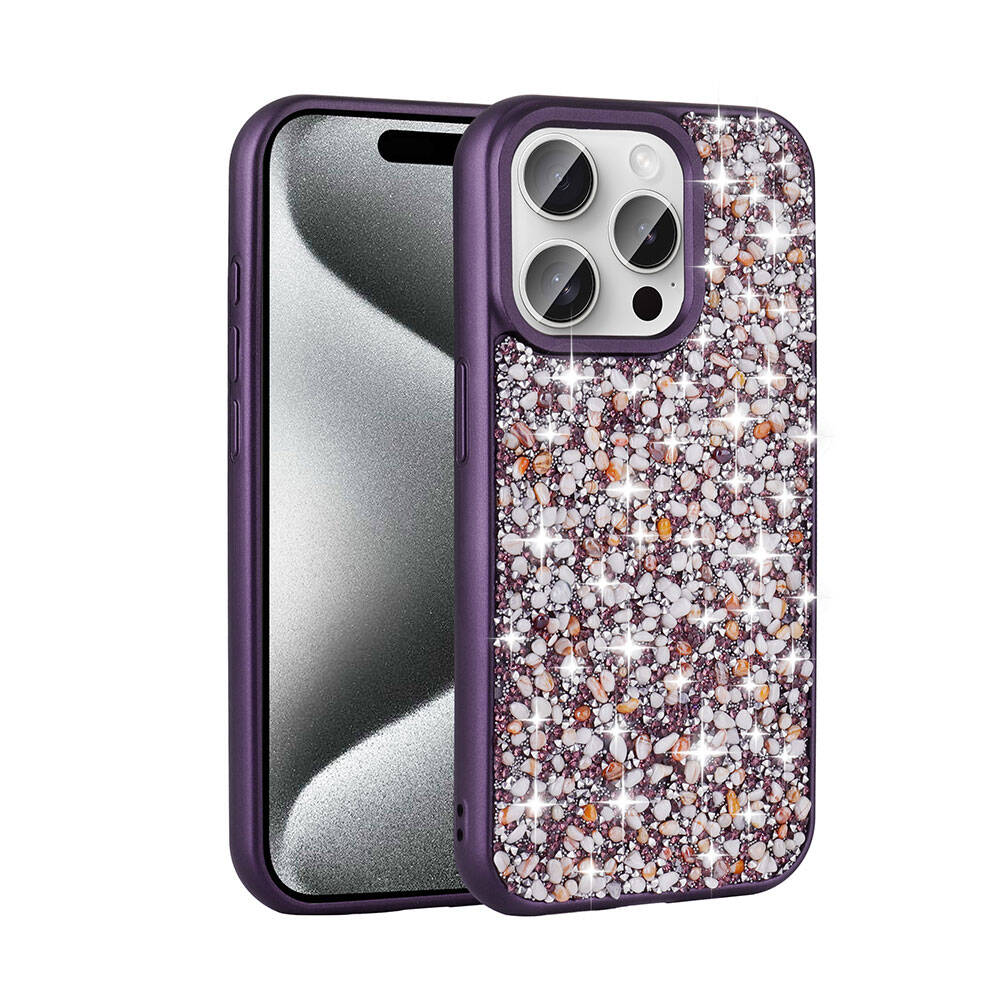 iPhone Uyumlu 15 Pro Max Kılıf Parlak Taşlı Tasarım Zore Linea Diamond Kapak-Derin mor
