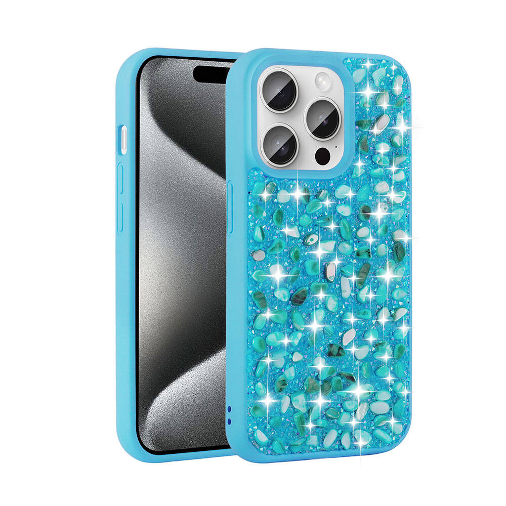 iPhone Uyumlu 15 Pro Max Kılıf Parlak Taşlı Tasarım Zore Linea Diamond Kapak-Mavi açık