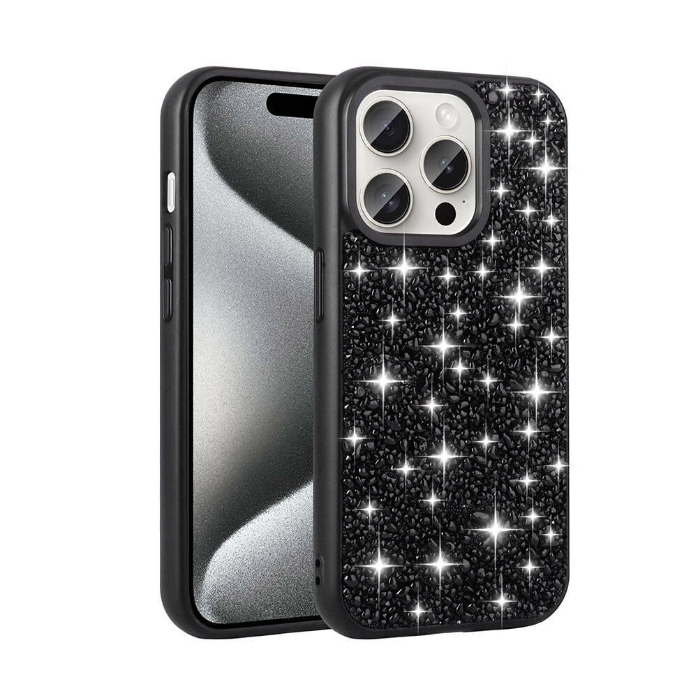 iPhone Uyumlu 15 Pro Max Kılıf Parlak Taşlı Tasarım Zore Linea Diamond Kapak-Siyah
