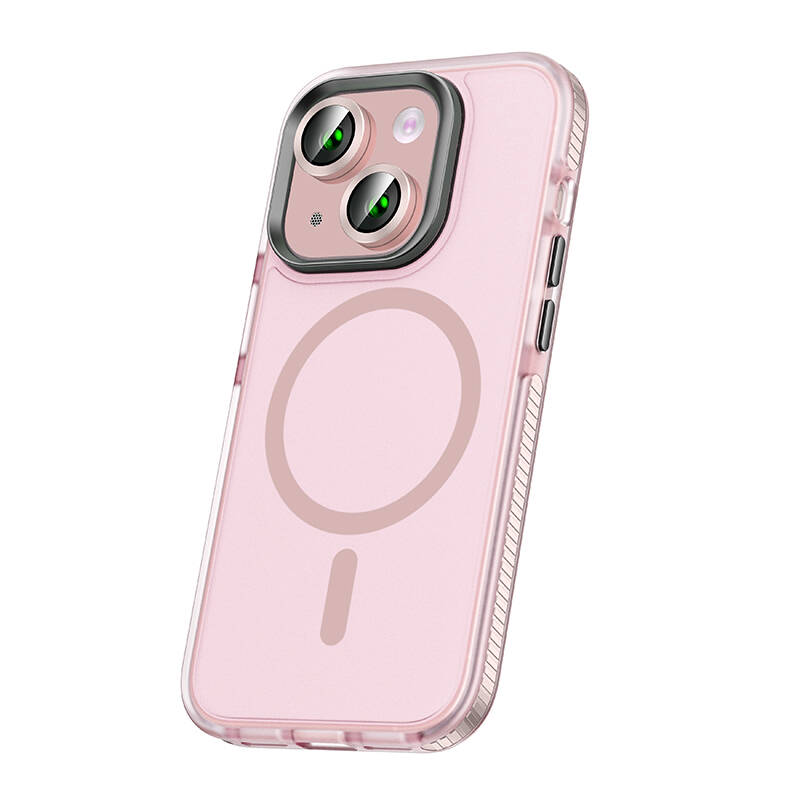 iPhone Uyumlu 15 Kılıf Airbagli M-safe Wireless Şarj Özellikli Lens Koruyuculu Zore Klaptika Kapak-Pembe