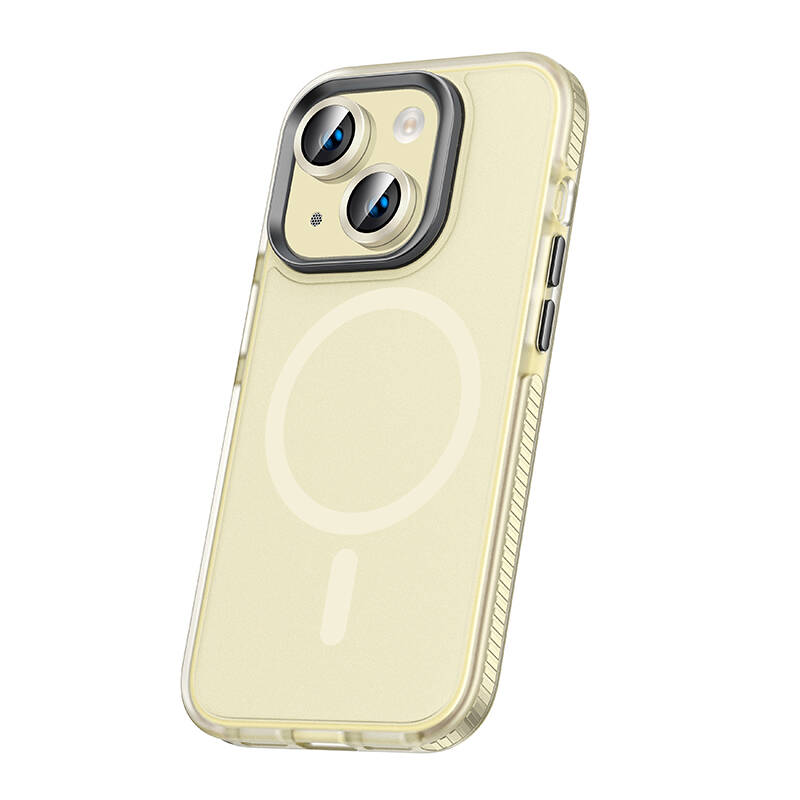 iPhone Uyumlu 15 Kılıf Airbagli M-safe Wireless Şarj Özellikli Lens Koruyuculu Zore Klaptika Kapak-Sarı