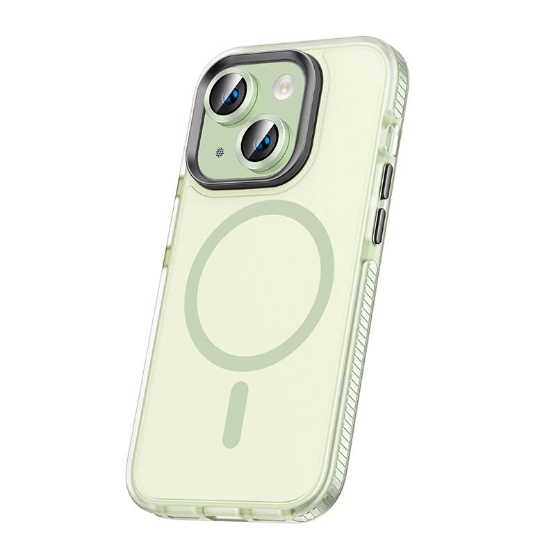 iPhone Uyumlu 15 Kılıf Airbagli M-safe Wireless Şarj Özellikli Lens Koruyuculu Zore Klaptika Kapak-Yeşil