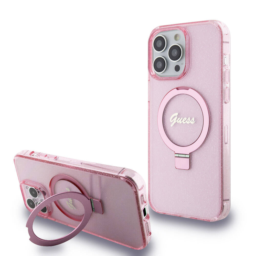 iPhone Uyumlu 15 Pro Max Kılıf Guess Orjinal Lisanslı M-safe Şarj Özellikli Simli Arka Yüzey Ring Standlı Kapak-Pembe