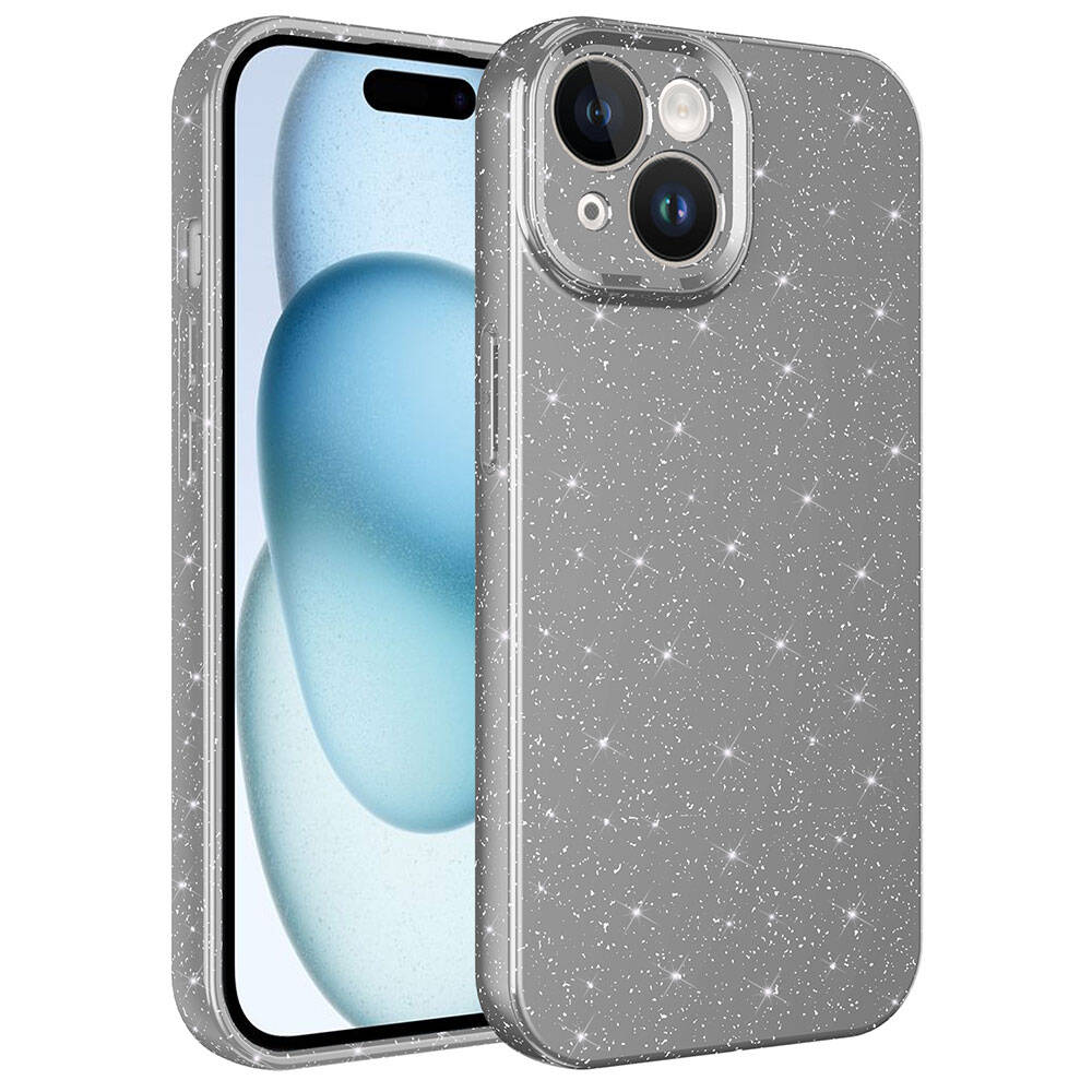 iPhone Uyumlu 15 Kılıf Kamera Korumalı Simli Lüks Zore Koton Kapak-Gri