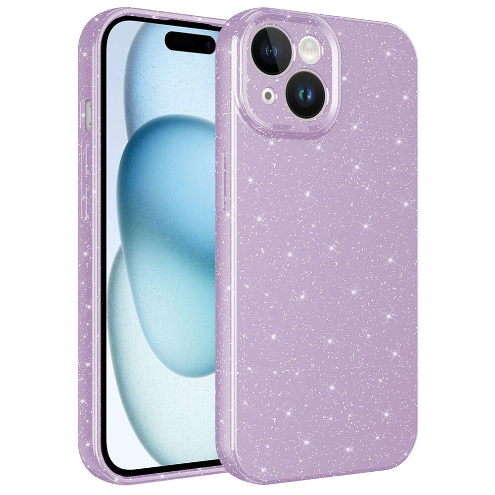 iPhone Uyumlu 15 Kılıf Kamera Korumalı Simli Lüks Zore Koton Kapak-Lila