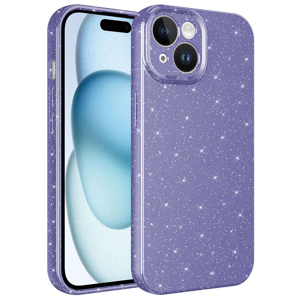 iPhone Uyumlu 15 Kılıf Kamera Korumalı Simli Lüks Zore Koton Kapak-Mor