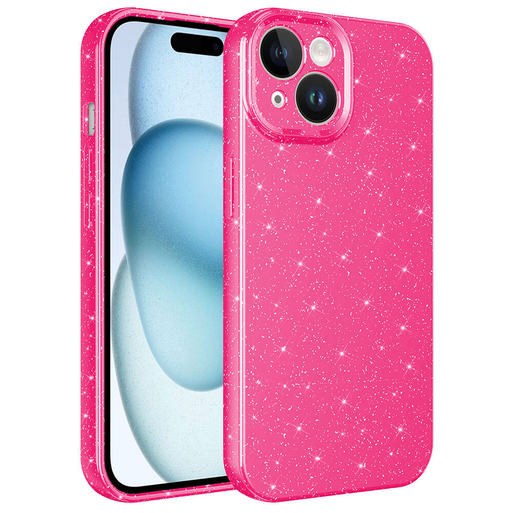 iPhone Uyumlu 15 Kılıf Kamera Korumalı Simli Lüks Zore Koton Kapak-Pembe koyu