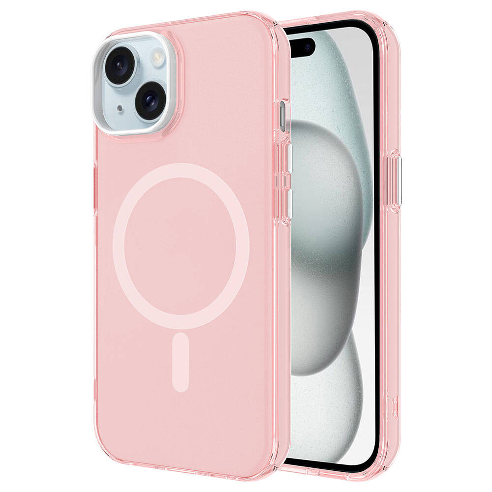 iPhone Uyumlu 15 Kılıf Zore M-safe Şarj Özellikli Buzlu Transparan C-Pro Sert Kapak-Pembe