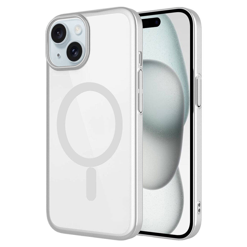 iPhone Uyumlu 15 Kılıf Wireless Şarj Özellikli Sert PC Zore Mat Riksos M-safe Kapak-Gümüş