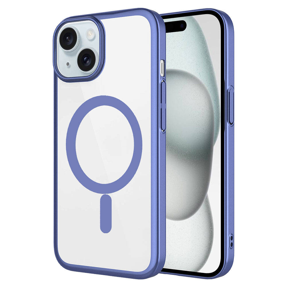 iPhone Uyumlu 15 Kılıf Wireless Şarj Özellikli Sert PC Zore Mat Riksos M-safe Kapak-Mavi