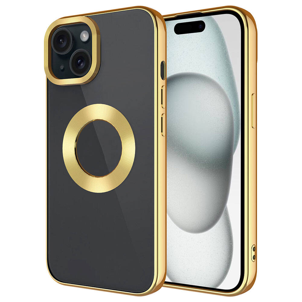 iPhone Uyumlu 15 Kılıf Tek Kamera Çerçeveli Logo Gösteren Zore Omega Kapak-Gold