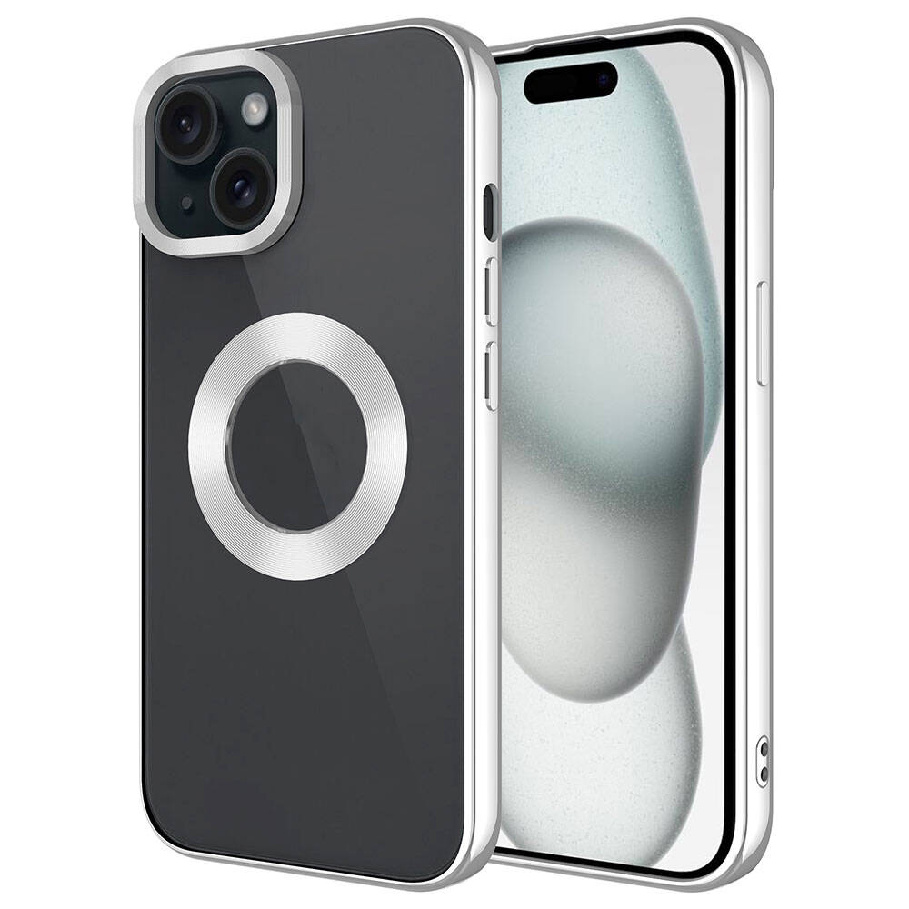 iPhone Uyumlu 15 Kılıf Tek Kamera Çerçeveli Logo Gösteren Zore Omega Kapak-Gümüş