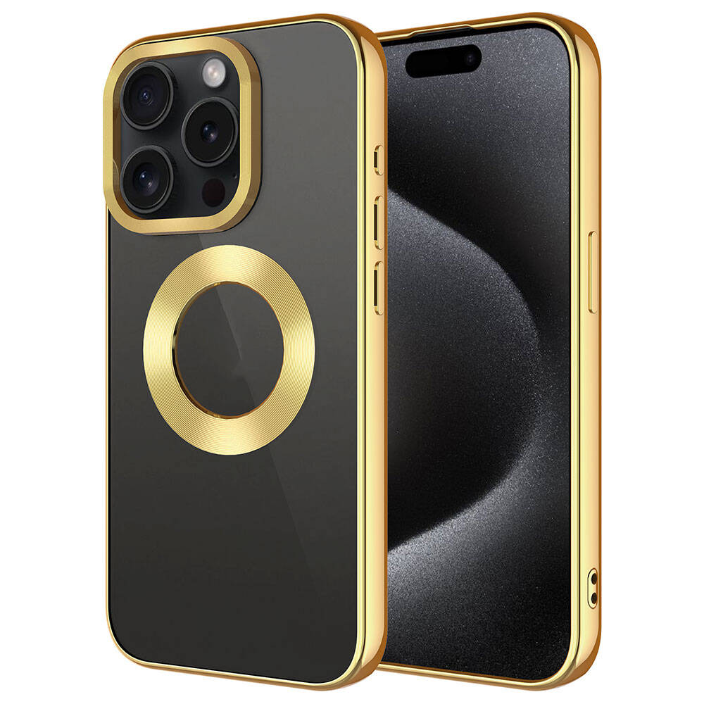 iPhone Uyumlu 15 Pro Kılıf Tek Kamera Çerçeveli Logo Gösteren Zore Omega Kapak-Gold