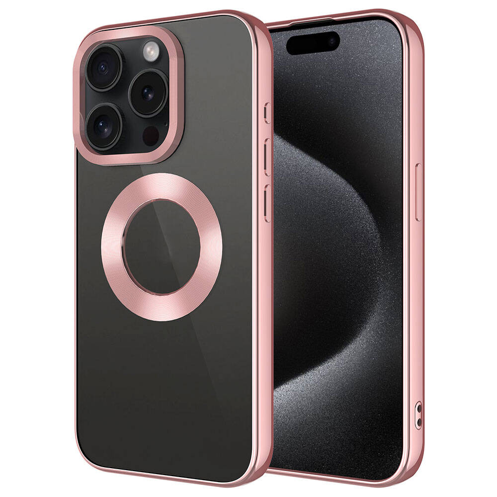 iPhone Uyumlu 15 Pro Kılıf Tek Kamera Çerçeveli Logo Gösteren Zore Omega Kapak-Rose gold