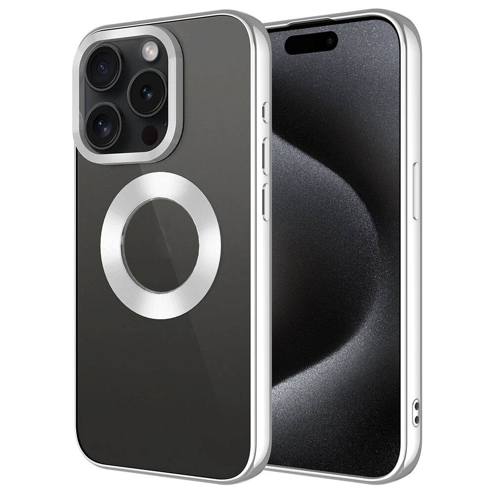 iPhone Uyumlu 15 Pro Max Kılıf Tek Kamera Çerçeveli Logo Gösteren Zore Omega Kapak-Gümüş