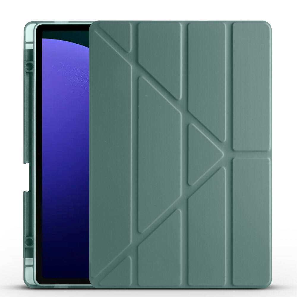 Galaxy Uyumlu Tab S9 Plus Kılıf Zore Tri Folding Kalem Bölmeli Standlı Kılıf-Koyu yeşil