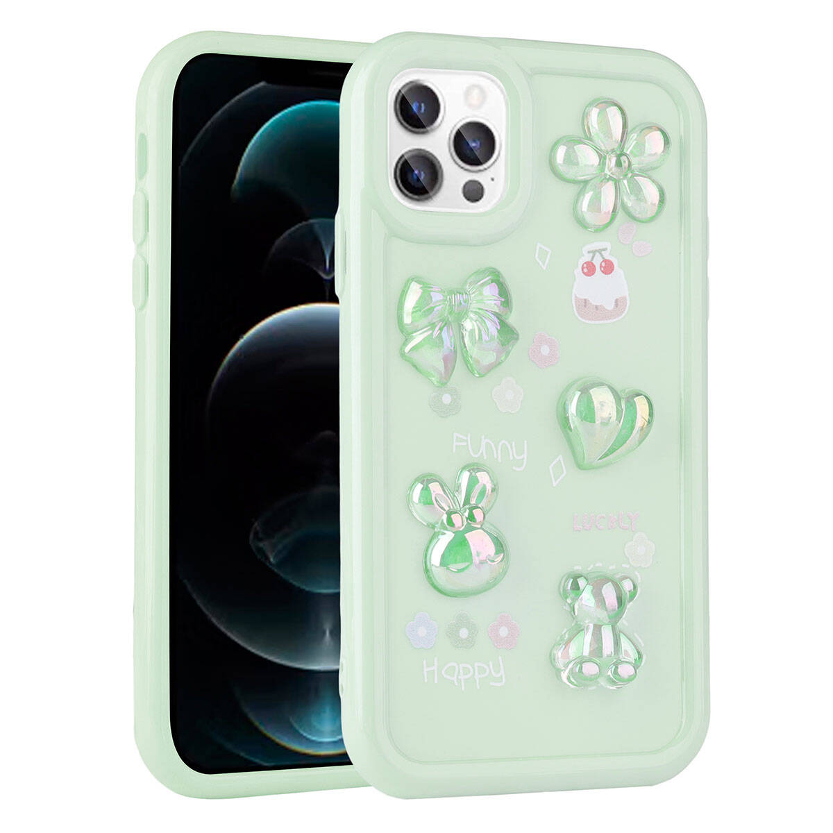 iPhone Uyumlu 12 Pro Max Kılıf Kabartma Figürlü Parlak Zore Toys Silikon Kapak-Açık yeşil