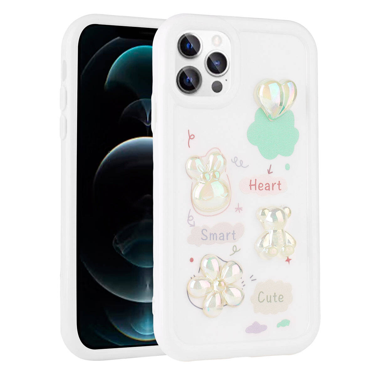 iPhone Uyumlu 12 Pro Max Kılıf Kabartma Figürlü Parlak Zore Toys Silikon Kapak-Beyaz