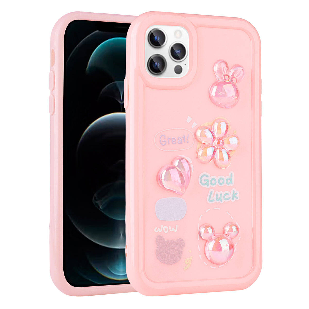 iPhone Uyumlu 12 Pro Max Kılıf Kabartma Figürlü Parlak Zore Toys Silikon Kapak-Pembe