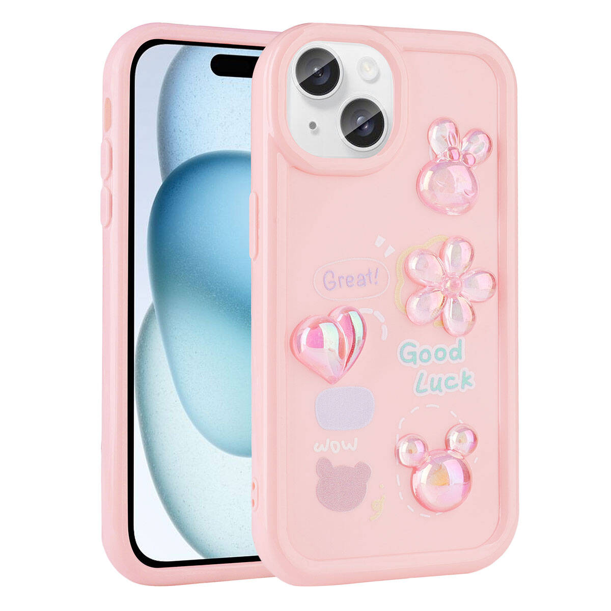 iPhone Uyumlu 13 Kılıf Kabartma Figürlü Parlak Zore Toys Silikon Kapak-Pembe