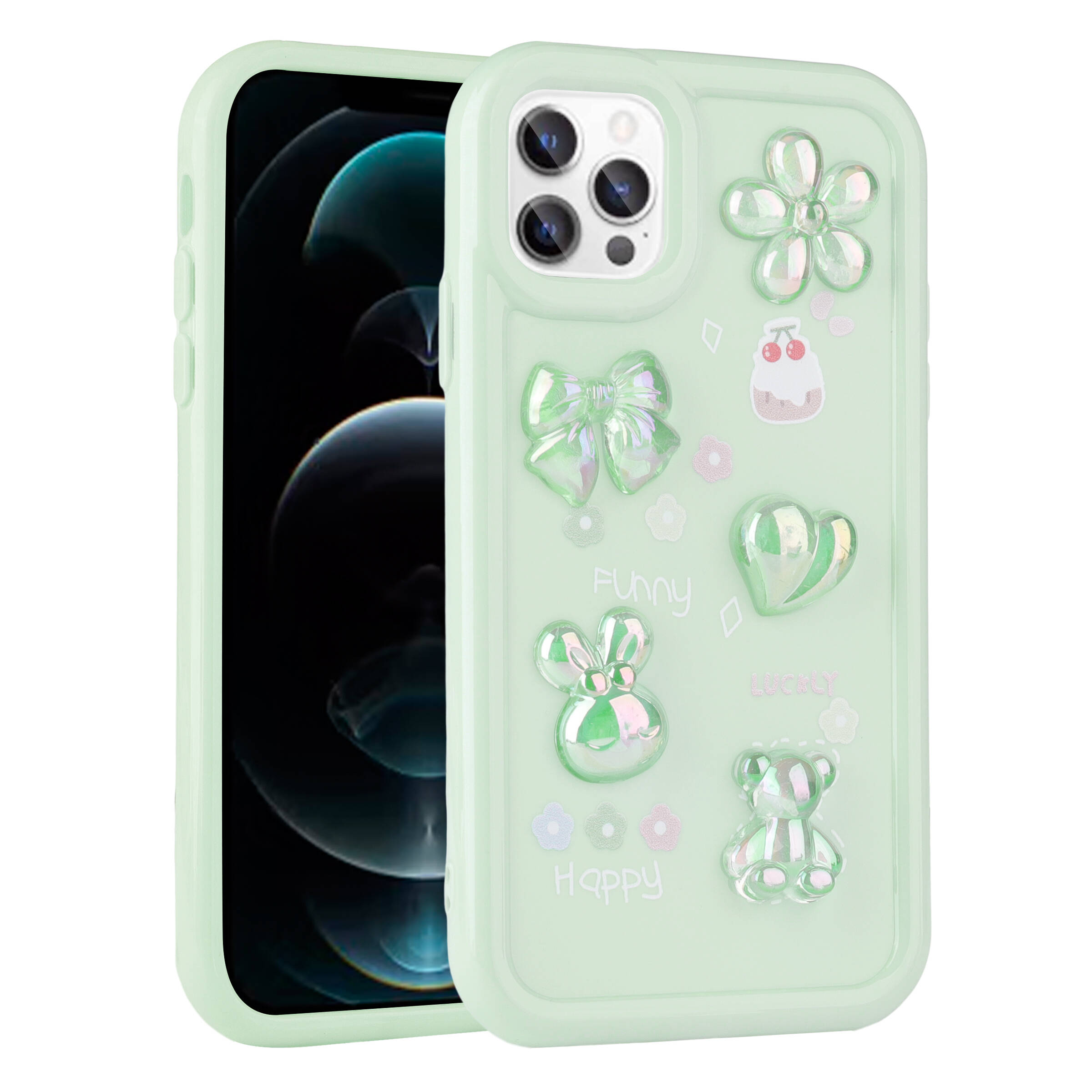 iPhone Uyumlu 13 Pro Max Kılıf Kabartma Figürlü Parlak Zore Toys Silikon Kapak-Açık yeşil