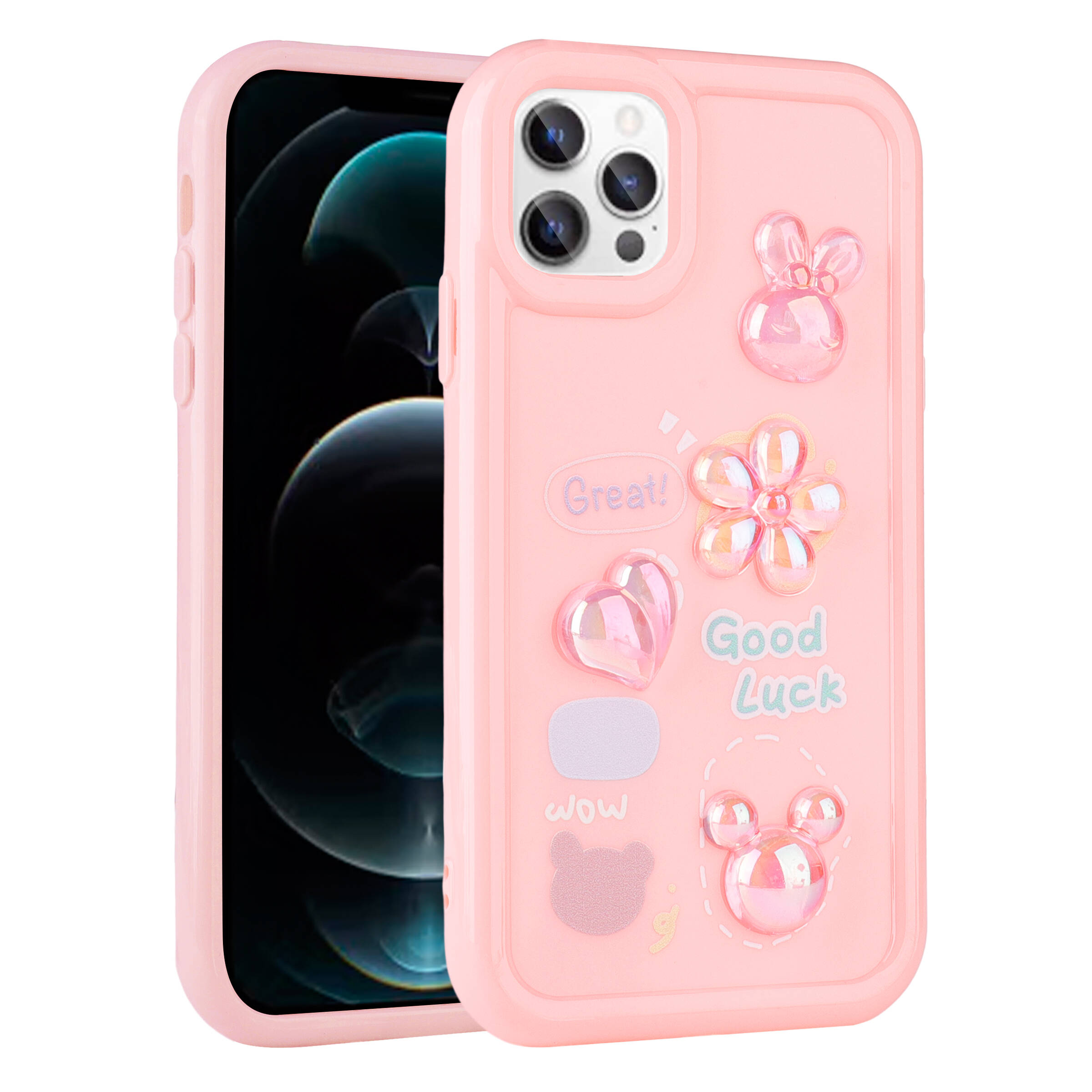 iPhone Uyumlu 13 Pro Max Kılıf Kabartma Figürlü Parlak Zore Toys Silikon Kapak-Pembe