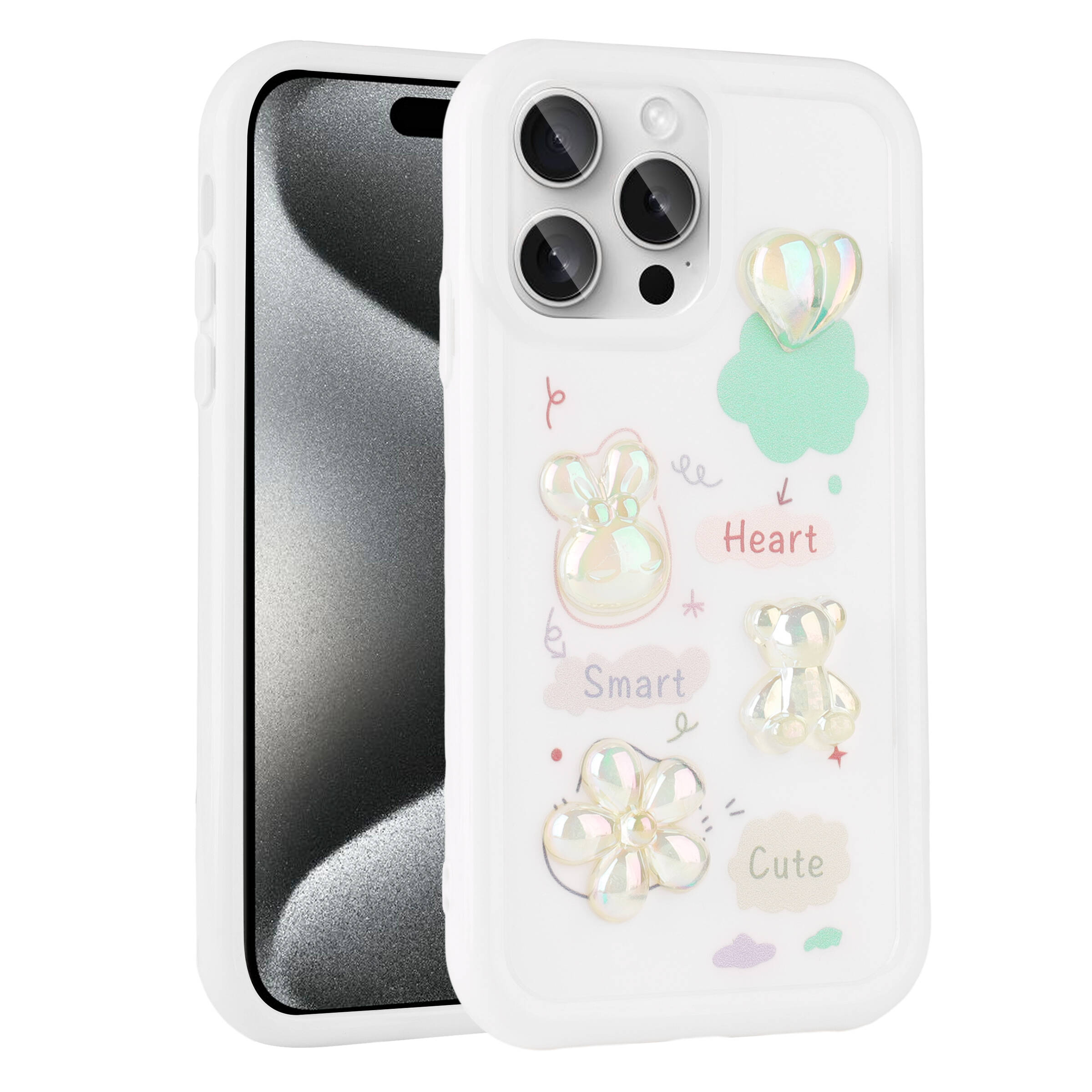 iPhone Uyumlu 14 Pro Kılıf Kabartma Figürlü Parlak Zore Toys Silikon Kapak-Beyaz