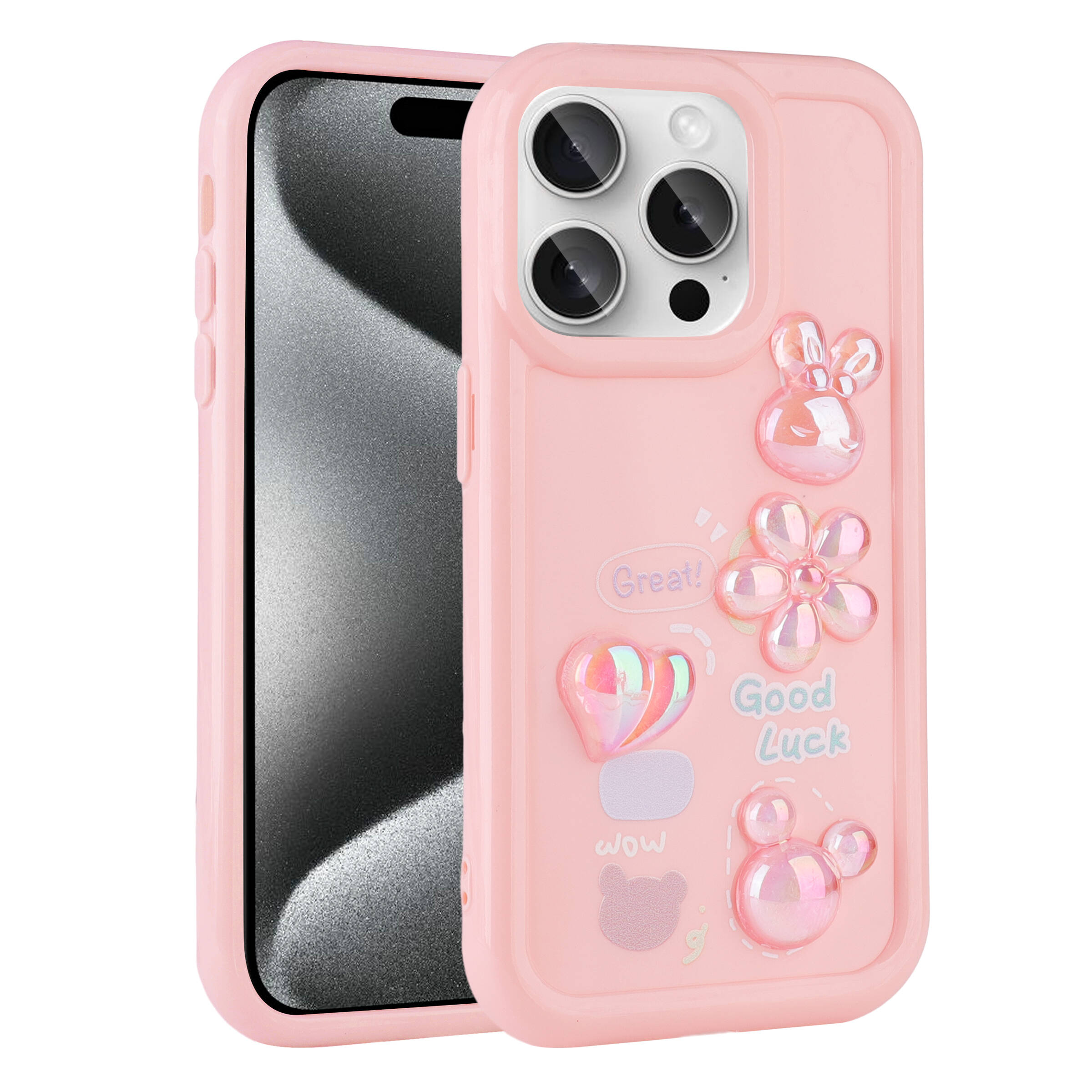 iPhone Uyumlu 14 Pro Kılıf Kabartma Figürlü Parlak Zore Toys Silikon Kapak-Pembe