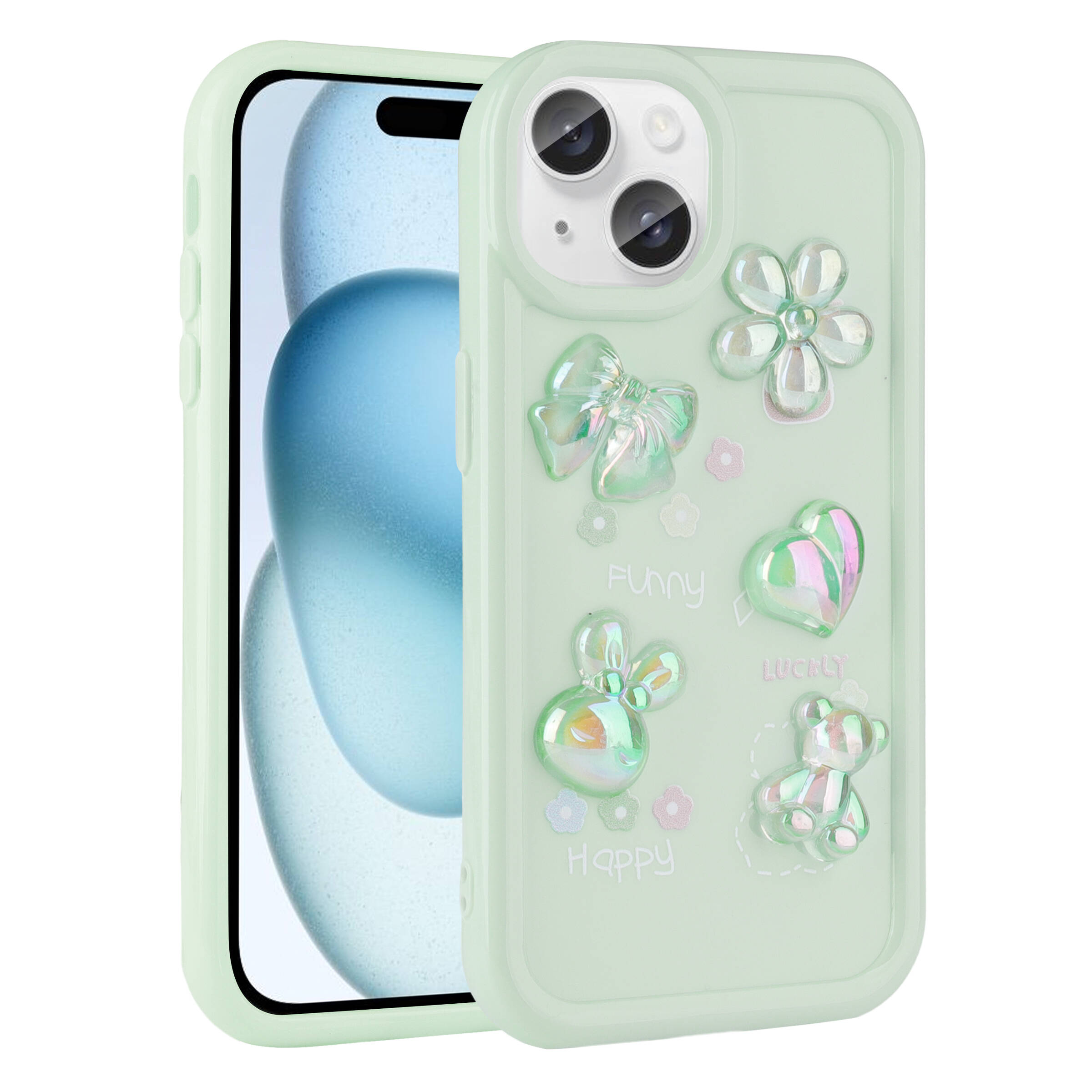 iPhone Uyumlu 15 Plus Kılıf Kabartma Figürlü Parlak Zore Toys Silikon Kapak-Açık yeşil