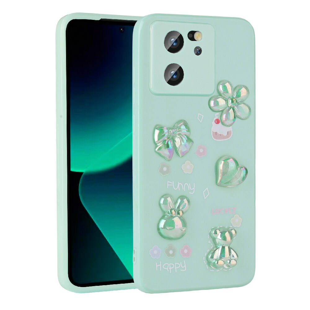 Xiaomi Uyumlu  Mi 13T Kılıf Kabartma Figürlü Parlak Zore Toys Silikon Kapak-Açık yeşil