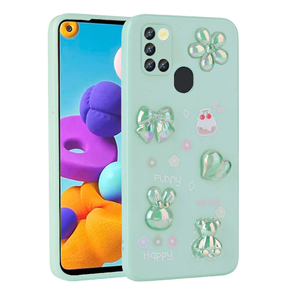 Galaxy Uyumlu A21S Kılıf Kabartma Figürlü Parlak Zore Toys Silikon Kapak-Açık yeşil