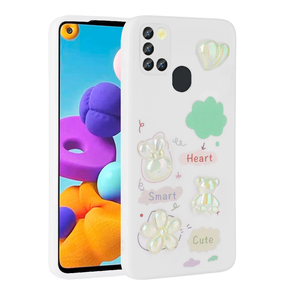 Galaxy Uyumlu A21S Kılıf Kabartma Figürlü Parlak Zore Toys Silikon Kapak-Beyaz