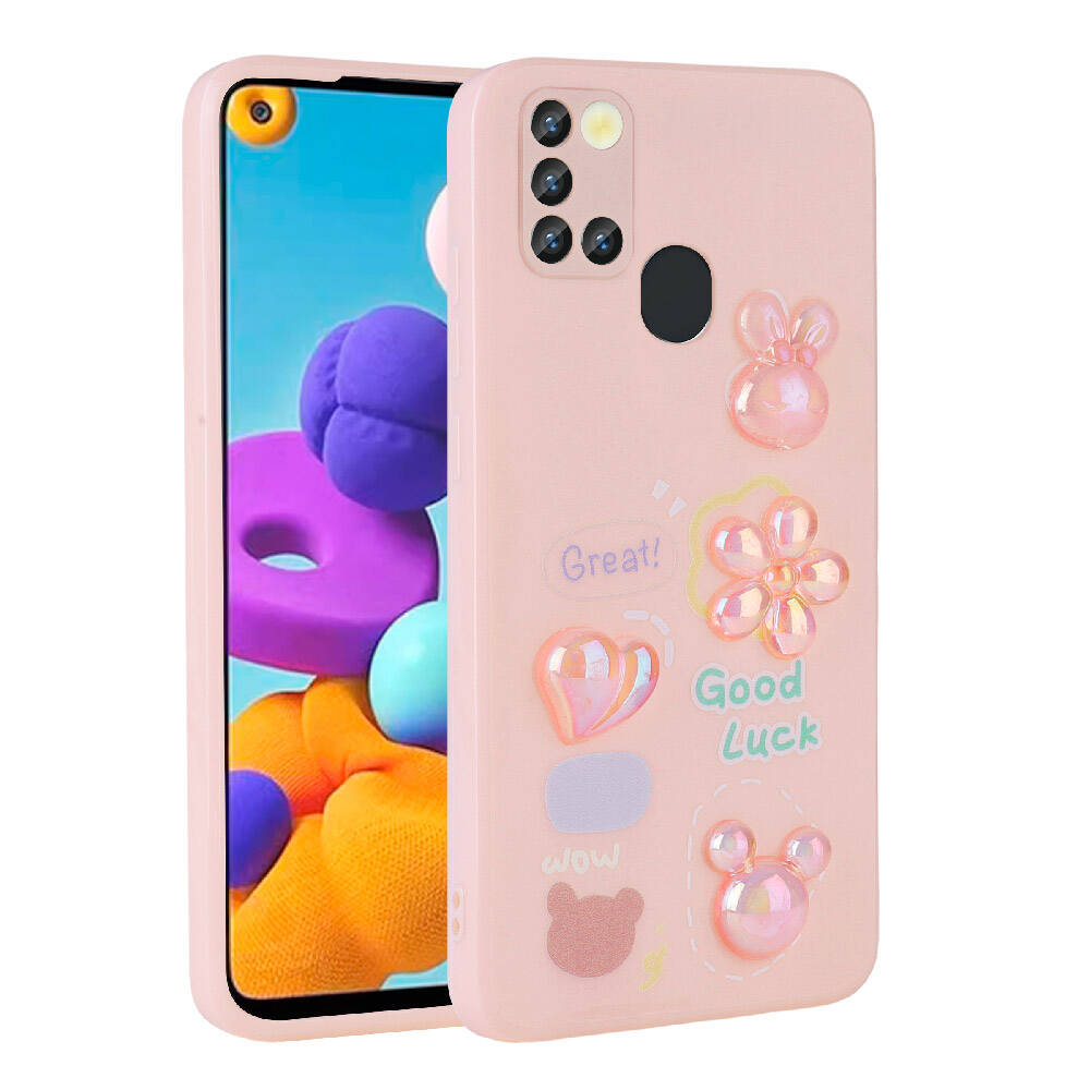 Galaxy Uyumlu A21S Kılıf Kabartma Figürlü Parlak Zore Toys Silikon Kapak-Pembe