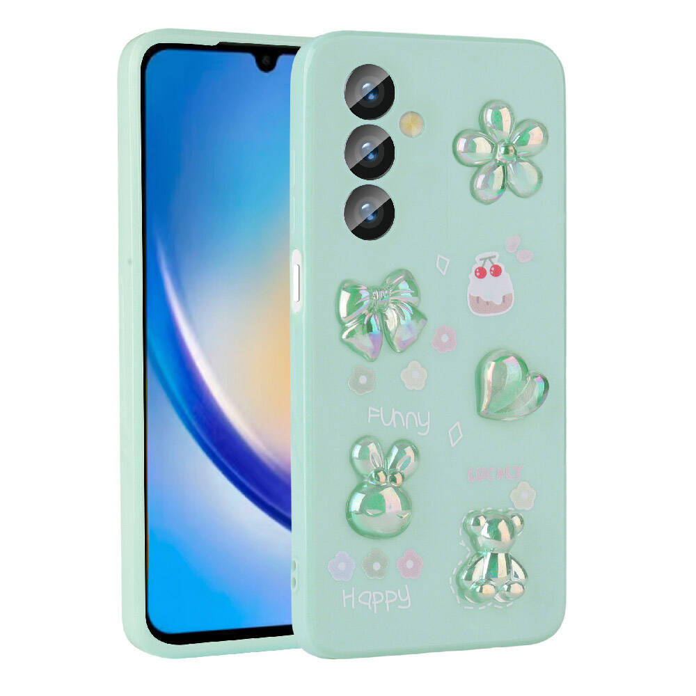 Galaxy Uyumlu A34 Kılıf Kabartma Figürlü Parlak Zore Toys Silikon Kapak-Açık yeşil