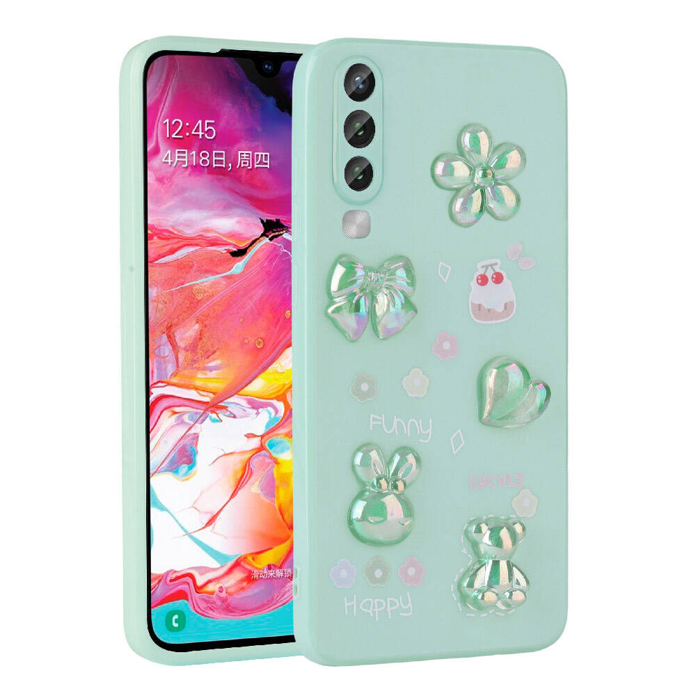 Galaxy Uyumlu A50 Kılıf Kabartma Figürlü Parlak Zore Toys Silikon Kapak-Açık yeşil