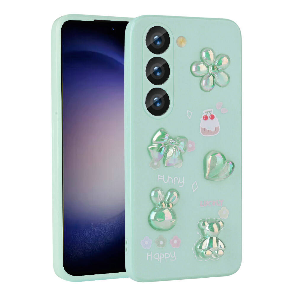 Galaxy Uyumlu S23 Kılıf Kabartma Figürlü Parlak Zore Toys Silikon Kapak-Açık yeşil