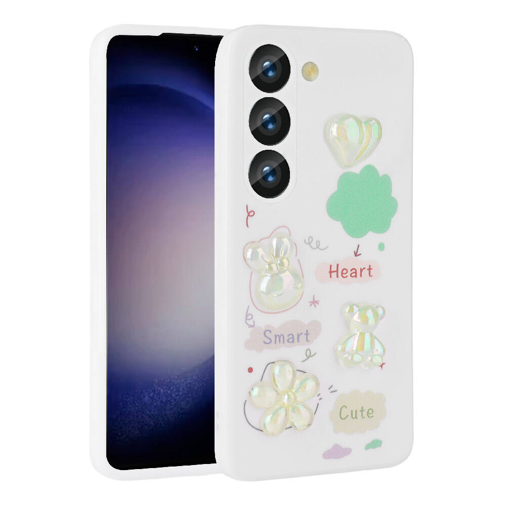 Galaxy Uyumlu S23 Kılıf Kabartma Figürlü Parlak Zore Toys Silikon Kapak-Beyaz