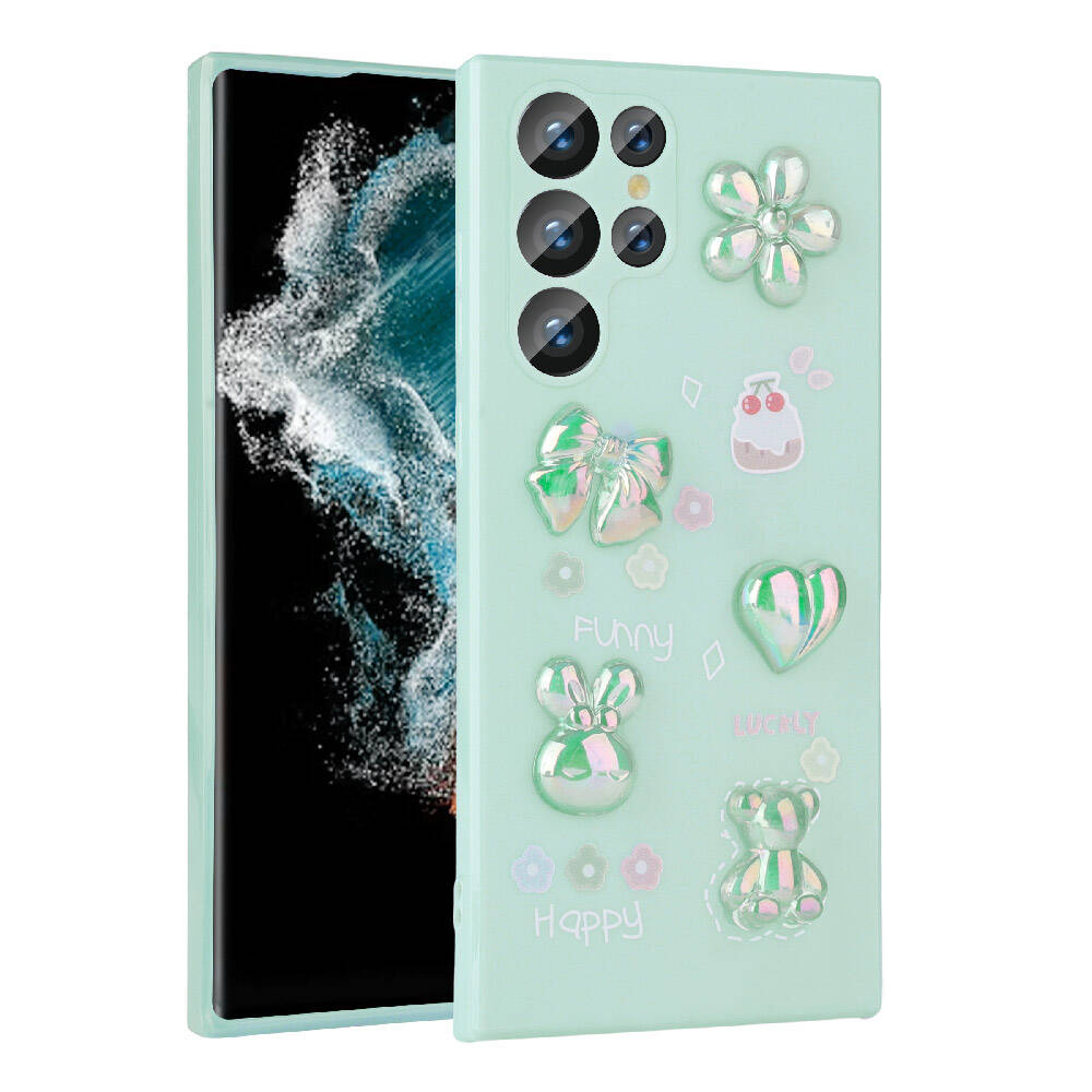 Galaxy Uyumlu S23 Ultra Kılıf Kabartma Figürlü Parlak Zore Toys Silikon Kapak-Açık yeşil