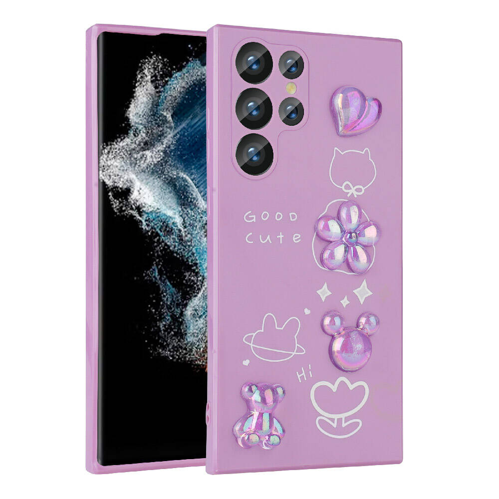 Galaxy Uyumlu S23 Ultra Kılıf Kabartma Figürlü Parlak Zore Toys Silikon Kapak-Mor