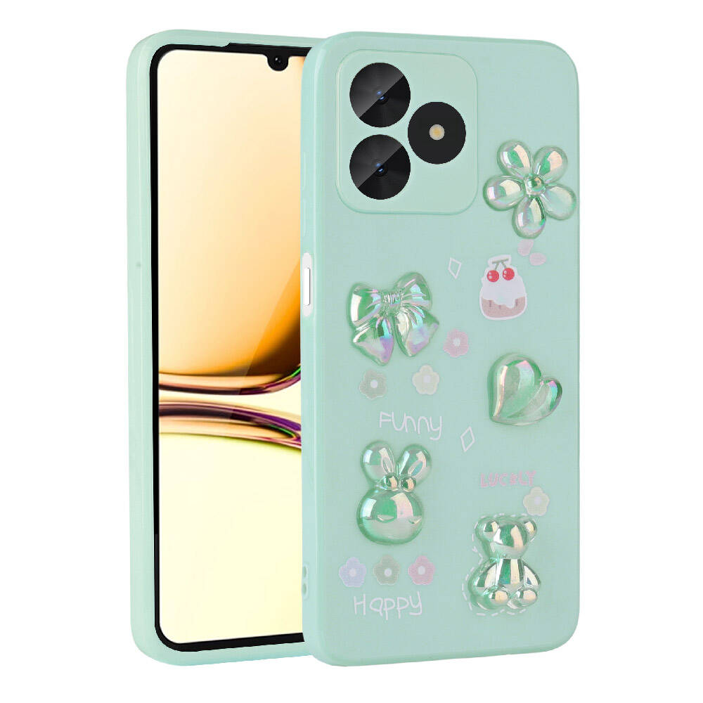 Realme C53 Kılıf Kabartma Figürlü Parlak Zore Toys Silikon Kapak-Açık yeşil