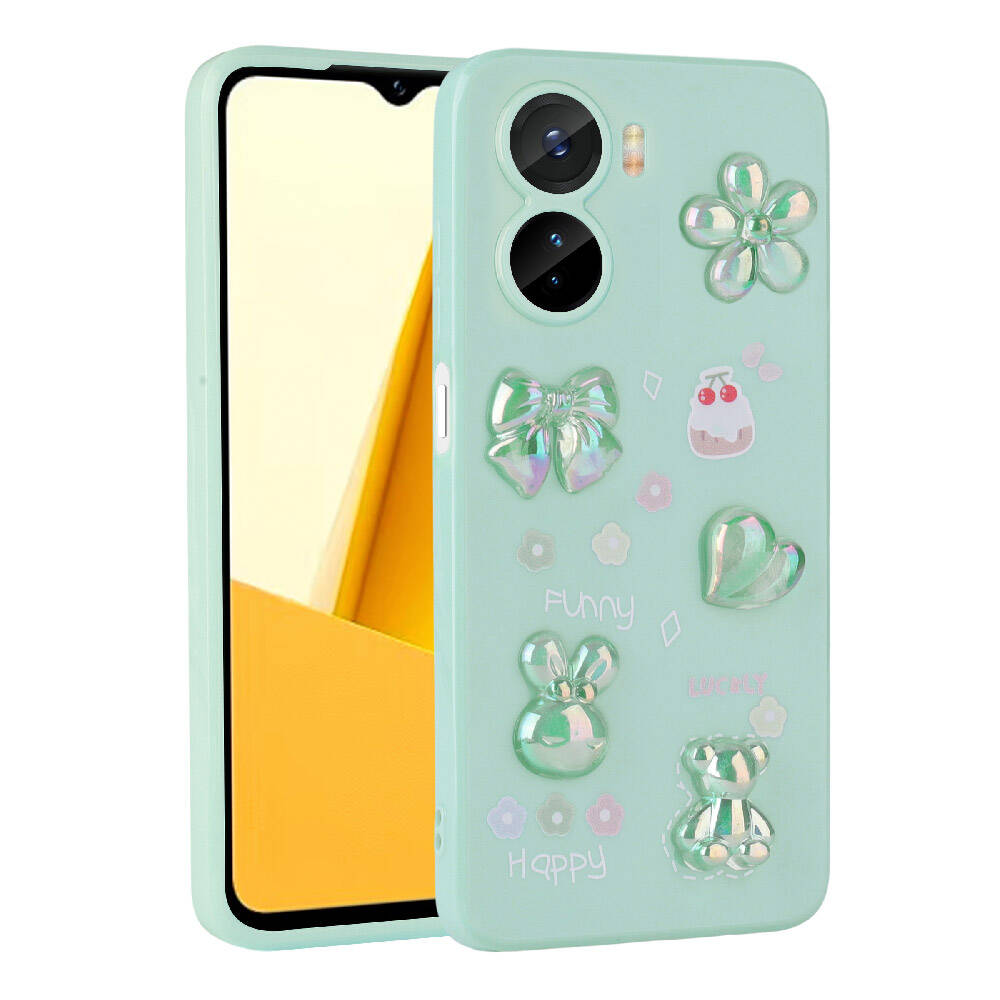 Vivo Y16 Kılıf Kabartma Figürlü Parlak Zore Toys Silikon Kapak-Açık yeşil