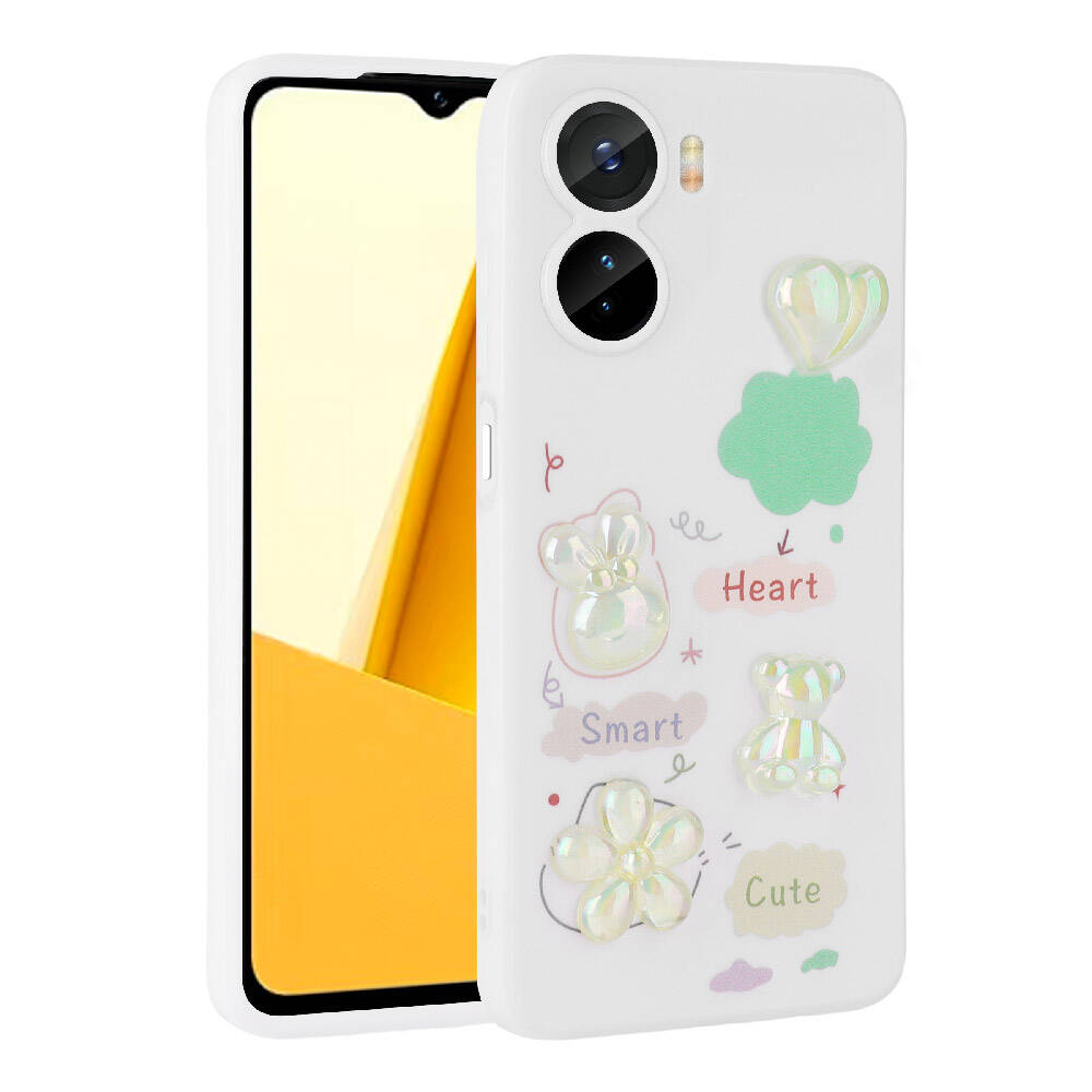 Vivo Y16 Kılıf Kabartma Figürlü Parlak Zore Toys Silikon Kapak-Beyaz