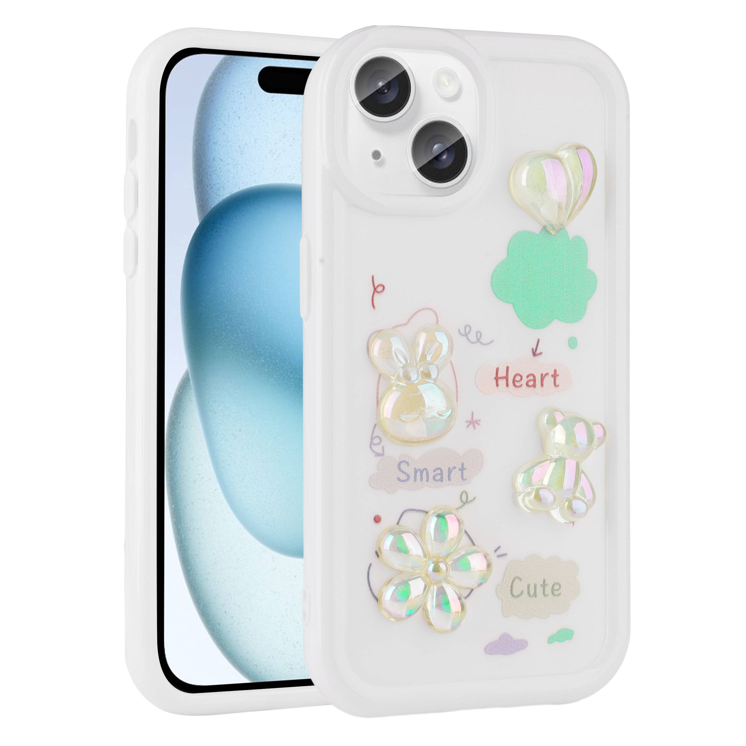 iPhone Uyumlu 14 Plus Kılıf Kabartma Figürlü Parlak Zore Toys Silikon Kapak-Beyaz