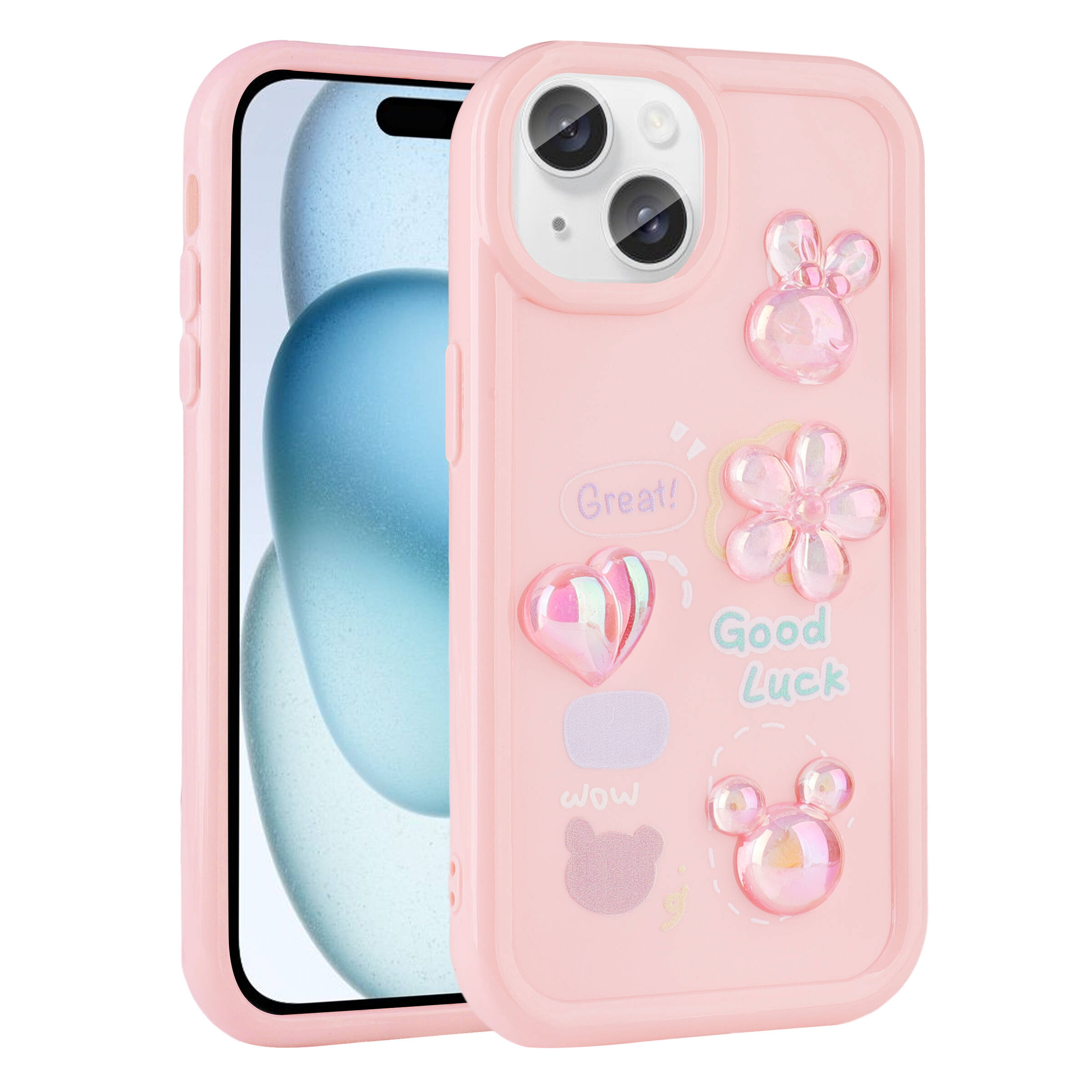 iPhone Uyumlu 14 Plus Kılıf Kabartma Figürlü Parlak Zore Toys Silikon Kapak-Pembe